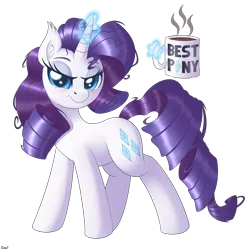 Size: 4000x4000 | Tagged: safe, artist:ziemniax, derpibooru import, rarity, pony, unicorn, absurd resolution, best pony, blushing, coffee, coffee mug, ear fluff, female, glow, glowing horn, horn, image, looking at you, magic, mare, messy hair, messy mane, mug, png, signature, simple background, solo, telekinesis, transparent background