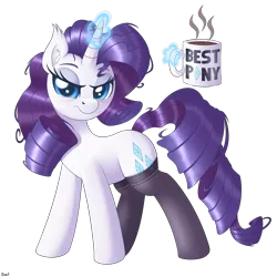 Size: 4000x4000 | Tagged: safe, alternate version, artist:ziemniax, derpibooru import, rarity, pony, unicorn, absurd resolution, blushing, clothes, coffee, coffee mug, ear fluff, female, glow, glowing horn, horn, image, looking at you, magic, mare, messy hair, messy mane, mug, png, signature, simple background, socks, solo, stockings, telekinesis, thigh highs, transparent background