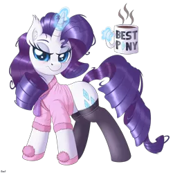 Size: 4000x4000 | Tagged: safe, alternate version, artist:ziemniax, derpibooru import, rarity, pony, unicorn, absurd resolution, bathrobe, blushing, clothes, coffee, coffee mug, ear fluff, female, glow, glowing horn, horn, image, looking at you, magic, mare, messy hair, messy mane, mug, png, robe, signature, simple background, slippers, socks, solo, stockings, telekinesis, thigh highs, transparent background