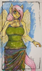 Size: 958x1625 | Tagged: safe, artist:bantha, derpibooru import, fluttershy, anthro, blushing, clothes, dress, image, marker drawing, png, smiling, solo, traditional art