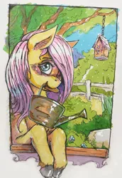 Size: 1280x1856 | Tagged: safe, artist:bantha, derpibooru import, fluttershy, pegasus, pony, bird house, blushing, female, garden, image, looking at you, mare, markers, mouth hold, png, solo, traditional art, tree, watering can