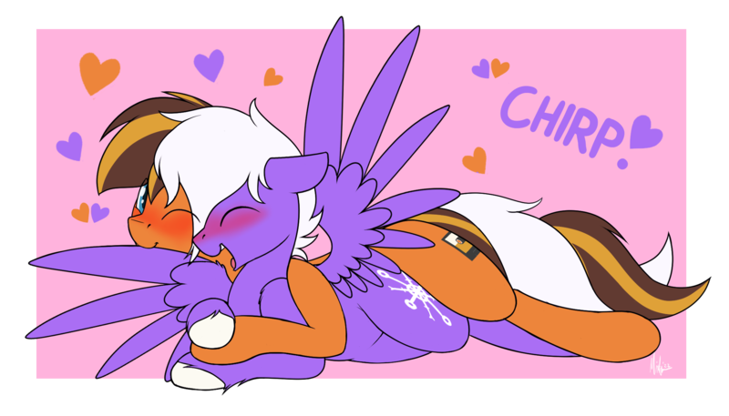 Size: 2100x1200 | Tagged: suggestive, artist:ponynamedmixtape, derpibooru import, oc, oc:infinatus amor, oc:mixtape, earth pony, pegasus, pony, blushing, cuddling, gay, grooming, holding hooves, image, lying down, male, males only, nuzzling, png, preening, size difference, spooning, tail holding, unshorn fetlocks, wings