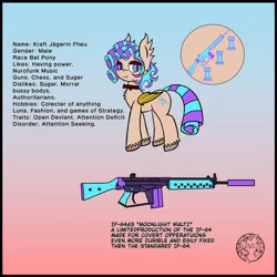 Size: 1024x1024 | Tagged: safe, artist:dice-warwick, derpibooru import, oc, oc:kraft rook castle fheu, bat pony, pony, fallout equestria, bowtie, curly hair, curly mane, femboy, gun, if-64, image, jpeg, male, rifle, stallion, weapon