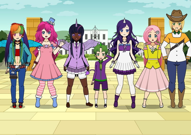 Size: 800x566 | Tagged: safe, derpibooru import, screencap, applejack, fluttershy, pinkie pie, rainbow dash, rarity, spike, twilight sparkle, human, belt, boots, clothes, cowboy boots, cowboy hat, dark skin, hat, horn, horned humanization, humanized, image, jeans, kisekae, mane seven, mane six, pants, png, shoes, winged humanization, wings