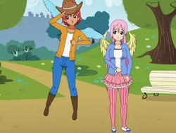 Size: 1024x768 | Tagged: safe, derpibooru import, screencap, fluttershy, rainbow dash, human, equestria girls, boots, clothes, clothes swap, cowboy boots, cowboy hat, duo, hat, humanized, image, jeans, jpeg, kisekae, pants, shoes, solo, winged humanization, wings