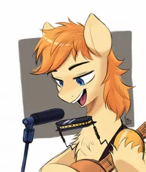 Size: 1737x2048 | Tagged: safe, artist:fanzeem, derpibooru import, oc, oc:haymaker, earth pony, pony, acoustic guitar, guitar, harmonica, image, jpeg, male, microphone, musical instrument, solo, stallion