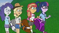 Size: 1280x720 | Tagged: safe, derpibooru import, screencap, applejack, rarity, sci-twi, sunset shimmer, twilight sparkle, equestria girls, bag, camp everfree outfits, eddy misbehaves at camp goville, female, goanimate, grass, head turn, image, lesbian, open mouth, png, rarijack, roblox, running, scitwishimmer, shipping, shocked, shocked expression, sunsetsparkle