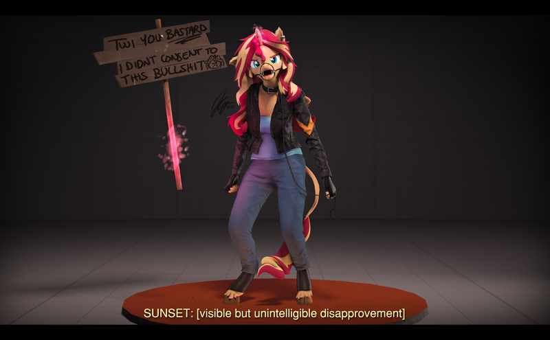 Size: 9600x5934 | Tagged: questionable, artist:imafutureguitarhero, derpibooru import, sunset shimmer, anthro, classical unicorn, unguligrade anthro, unicorn, 3d, absurd resolution, angry, black bars, boots, bullshit, cheek fluff, chest freckles, chromatic aberration, clothes, cloven hooves, collar, colored eyebrows, colored eyelashes, derpibooru exclusive, descriptive noise, disapproval, drawing, drool, drool string, ear fluff, ear freckles, ear piercing, earring, female, film grain, fingerless gloves, floppy ears, fluffy, freckles, fur, gag, gloves, glow, glowing horn, harness gag, harness ring gag, hoof boots, horn, image, implied pet play, implied twilight sparkle, jacket, jewelry, jpeg, leash, leather, leather boots, leather gloves, leather jacket, leonine tail, long hair, long mane, looking at you, magic, multicolored hair, multicolored mane, multicolored tail, muzzle gag, neck fluff, nose wrinkle, offscreen character, op has an opinion, op has too much time on their hands, open mouth, pants, peppered bacon, pet play, piercing, revamped anthros, revamped ponies, ring gag, shadow, shirt, shoes, sign, signature, solo, source filmmaker, subtitles, sunset shimmer is not amused, tail, telekinesis, text, tongue out, unamused, unshorn fetlocks, vulgar, wall of tags