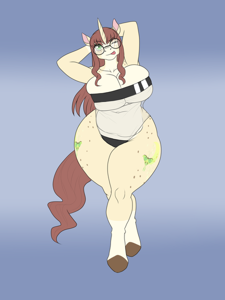 Size: 1200x1600 | Tagged: suggestive, artist:lurking tyger, derpibooru import, oc, oc:céline actias, unofficial characters only, anthro, unguligrade anthro, unicorn, anthro oc, belly button, big breasts, breasts, clothes, commission, female, freckles, glasses, gradient background, gris swimsuit, horn, image, one eye closed, one-piece swimsuit, png, see-through, solo, solo female, swimsuit, tongue out, unicorn oc, wink