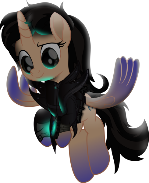 Size: 4412x5416 | Tagged: safe, artist:lincolnbrewsterfan, derpibooru import, oc, oc:true resistance, ponified, unofficial characters only, alicorn, original species, pony, fallout equestria, my little pony: the movie, .svg available, alicorn oc, biker jacket, clothes, cognitum, cognitum alicorn, colored wings, delta pipbuck, eyebrows, female, flying, glow, gradient hooves, gradient wings, gun, handgun, highlights, horn, image, inkscape, jacket, leather jacket, leg guards, looking back, luminescence, mane, mare, movie accurate, pipbuck, pistol, png, reflection, relentless sorrow (psalm's handgun), revolver, shading, shield, simple background, smiling, solo, tail, transparent background, two toned mane, two toned tail, vector, weapon, wings