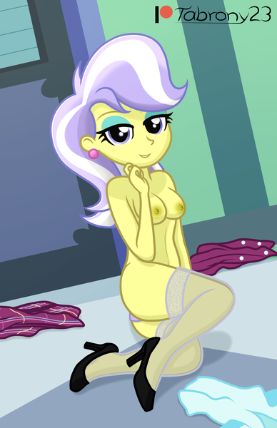 Size: 1051x1627 | Tagged: questionable, artist:tabrony23, derpibooru import, upper crust, equestria girls, beautiful, bedroom eyes, breasts, clothes, female, high res, image, lingerie, looking at you, nipples, nudity, patreon, patreon logo, png, sexy, shoes, smiling, solo, solo female, underwear