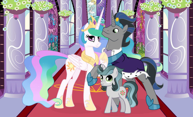 Size: 1024x619 | Tagged: safe, artist:velveagicsentryyt, derpibooru import, king sombra, princess celestia, oc, oc:jade, pony, unicorn, celestibra, female, good king sombra, image, jpeg, male, offspring, parent:king sombra, parent:princess celestia, parents:celestibra, shipping, straight, teenager