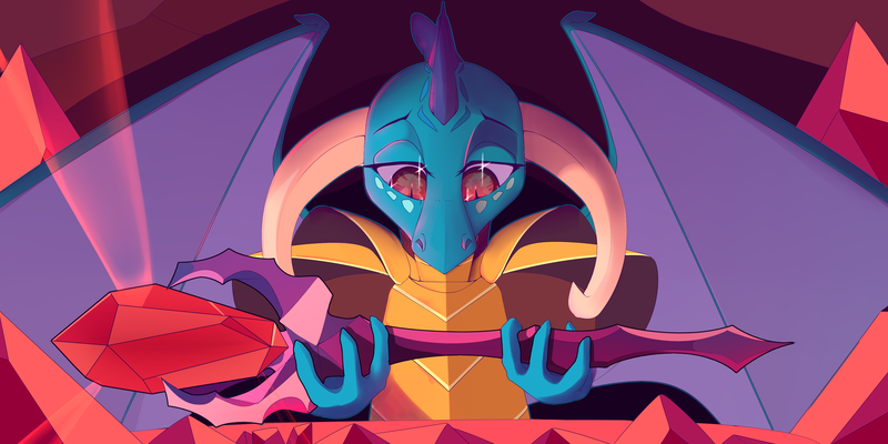 Size: 3600x1800 | Tagged: safe, artist:chapaevv, derpibooru import, princess ember, dragon, armor, bloodstone scepter, cave, female, image, png, scepter, solo, solo female, wings