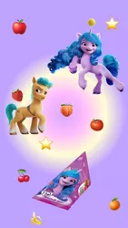 Size: 828x1472 | Tagged: safe, derpibooru import, official, hitch trailblazer, izzy moonbow, earth pony, pony, unicorn, my little pony: a new generation, 2d, 3d, advertisement, apple, ball, banana, cherry, food, g5, happy, image, instagram, jpeg, juice, looking at you, merchandise, peach, raised hoof, russia, smiling, smiling at you, social media, stars, suspecting, tangerine, tennis ball, tomato