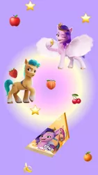 Size: 828x1472 | Tagged: safe, derpibooru import, official, hitch trailblazer, pipp petals, earth pony, my little pony: a new generation, 2d, 3d, advertisement, apple, banana, cherry, cyrillic, food, g5, image, instagram, instagram story, jpeg, juice, looking at you, one eye closed, peach, pear, phone, raised hoof, russia, russian, social media, stars, suspecting, tangerine, tomato, wink, winking at you