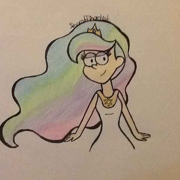 Size: 640x640 | Tagged: safe, artist:themuffinartist, derpibooru import, princess celestia, human, clothes, crossover, crown, dress, eyeshadow, gravity falls, humanized, image, jewelry, jpeg, makeup, regalia, smiling, solo, traditional art