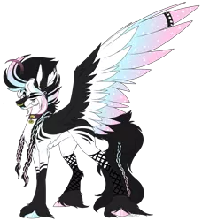 Size: 1704x1872 | Tagged: safe, artist:beamybutt, derpibooru import, oc, unofficial characters only, pegasus, pony, choker, hoof fluff, image, offspring, parent:king sombra, parent:princess celestia, parents:celestibra, pegasus oc, png, simple background, solo, starry wings, transparent background, wings