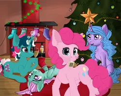 Size: 5000x3984 | Tagged: safe, artist:aquamuro, artist:uteuk, derpibooru import, fizzy, izzy moonbow, minty, pinkie pie, alcohol, champagne, champagne glass, christmas, christmas tree, clothes, fireplace, g1, g3, g4, g5, garland, holiday, image, png, socks, stars, tree, wine