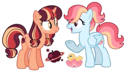 Size: 1835x1043 | Tagged: safe, artist:strawberry-spritz, derpibooru import, oc, unofficial characters only, pegasus, pony, unicorn, duo, duo female, eye contact, female, folded wings, freckles, full body, hooves, horn, image, looking at each other, looking at someone, magical lesbian spawn, mare, multicolored mane, multicolored tail, offspring, open mouth, open smile, orange eyes, parent:applejack, parent:fluttershy, parent:rainbow dash, parent:twilight sparkle, parents:flutterdash, parents:twijack, pegasus oc, png, raised hoof, show accurate, simple background, smiling, standing, tail, transparent background, unicorn oc, wings