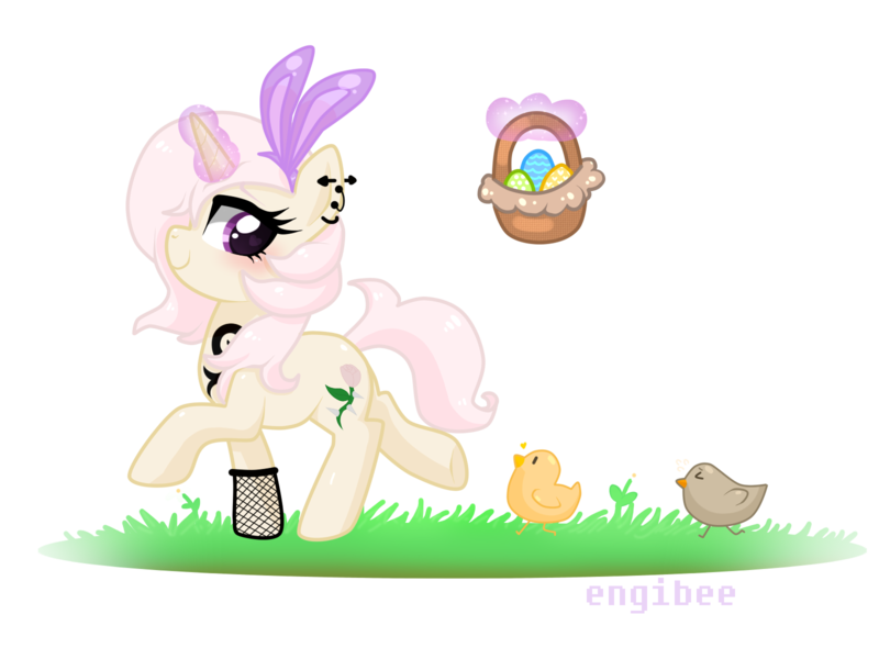 Size: 1600x1200 | Tagged: safe, artist:kaikururu, derpibooru import, oc, unofficial characters only, bird, chicken, pony, unicorn, bunny ears, commission, ear piercing, earring, easter egg, eyelashes, female, fishnets, glow, glowing horn, horn, image, jewelry, magic, mare, piercing, png, simple background, smiling, solo, telekinesis, transparent background, unicorn oc, ych result