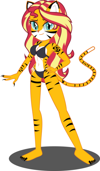 Size: 6941x11855 | Tagged: suggestive, derpibooru import, sunset shimmer, anthro, big cat, hybrid, tiger, belly button, bikini, claws, clothes, hand on hip, image, looking at you, png, simple background, solo, swimsuit, transparent background