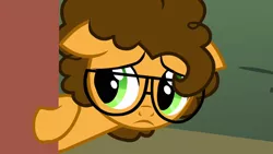 Size: 1280x720 | Tagged: safe, derpibooru import, screencap, cheese sandwich, earth pony, pony, pinkie pride, colt, cute, floppy ears, foal, glasses, hiding, image, male, png, sad, sadorable, solo