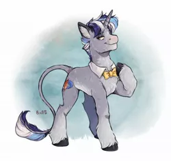 Size: 2048x1931 | Tagged: safe, artist:birdoffnorth, derpibooru import, oc, unofficial characters only, pony, unicorn, abstract background, full body, hoof on chest, hooves, horn, image, jpeg, leonine tail, male, smiling, solo, stallion, standing, tail, unicorn oc, unshorn fetlocks