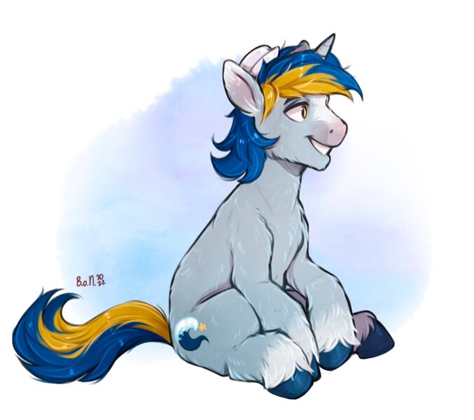 Size: 2048x1814 | Tagged: safe, artist:birdoffnorth, derpibooru import, oc, unofficial characters only, pony, unicorn, abstract background, coat markings, full body, grin, horn, image, jpeg, looking at something, male, no pupils, signature, sitting, smiling, socks (coat marking), solo, stallion, tail, two toned mane, two toned tail, unicorn oc, unshorn fetlocks