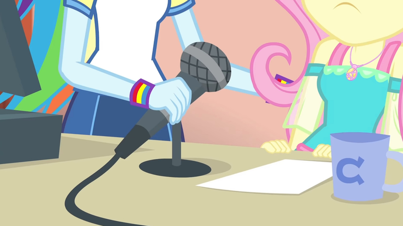 Size: 3410x1920 | Tagged: safe, derpibooru import, screencap, fluttershy, rainbow dash, equestria girls, equestria girls series, fluttershy's butterflies, computer, duo, duo female, female, fluttershy's butterflies: rainbow dash, geode of fauna, high res, image, jewelry, jpeg, magical geodes, microphone, mug, necklace