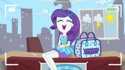 Size: 3410x1920 | Tagged: safe, derpibooru import, screencap, rarity, best trends forever, equestria girls, equestria girls series, bracelet, camera shot, clothes, cute, cutie mark, cutie mark on clothes, eyes closed, female, geode of shielding, hairpin, high res, image, jewelry, jpeg, legs, magical geodes, open mouth, open smile, raribetes, rarity peplum dress, smiling, solo