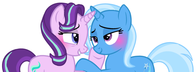 Size: 1280x469 | Tagged: safe, artist:kurisha-chan, artist:venomtwt-artistowo, derpibooru import, starlight glimmer, trixie, pony, unicorn, blue eyes, blushing, duo, duo female, female, grin, horn, image, lesbian, lidded eyes, looking at each other, looking at someone, mare, png, purple eyes, raised hoof, shipping, show accurate, simple background, smiling, startrix, tail, transparent background, two toned mane, two toned tail