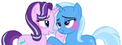 Size: 1280x469 | Tagged: safe, artist:kurisha-chan, artist:venomtwt-artistowo, derpibooru import, starlight glimmer, trixie, pony, unicorn, blue eyes, blushing, duo, duo female, female, grin, horn, image, lesbian, lidded eyes, looking at each other, looking at someone, mare, png, purple eyes, raised hoof, shipping, show accurate, simple background, smiling, startrix, tail, transparent background, two toned mane, two toned tail