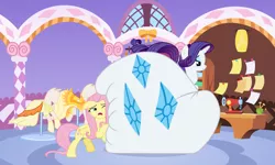 Size: 5052x3038 | Tagged: suggestive, derpibooru import, fluttershy, rarity, pegasus, pony, unicorn, bipedal, bottom heavy, butt, carousel boutique, fat, huge butt, hyper, hyper butt, image, impossibly large butt, large butt, one eye closed, png, pushing, raritubby, rearity, the ass is monstrously oversized for tight entrance, the ass was fat, the ass was too fat