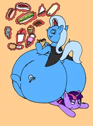 Size: 1024x1391 | Tagged: suggestive, artist:americananomaly, derpibooru import, trixie, twilight sparkle, pony, unicorn, alicorn amulet, belly, big belly, bottom heavy, butt, butt crush, eating, eyes closed, fat, food, huge belly, huge butt, image, impossibly large butt, jpeg, large butt, levitation, magic, sitting on, sitting on person, sitting on pony, telekinesis, the ass was fat, the great and bountiful trixie, the great and powerful ass
