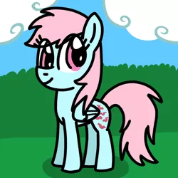 Size: 768x768 | Tagged: safe, artist:danielthebrony57, derpibooru import, wind whistler, pegasus, pony, cloud, cloudy, cute, eye clipping through hair, female, folded wings, full body, g1, g1 to g4, g4, generation leap, hooves, image, land, mare, outdoors, pink eyes, pink mane, pink tail, png, ponyland, shadow, smiling, solo, standing, tail, whistlerbetes, wings