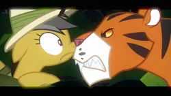 Size: 1280x720 | Tagged: safe, derpibooru import, screencap, daring do, big cat, pegasus, pony, tiger, read it and weep, angry, boop, eye contact, fangs, hat, image, looking at each other, looking at someone, png, sharp teeth, teeth