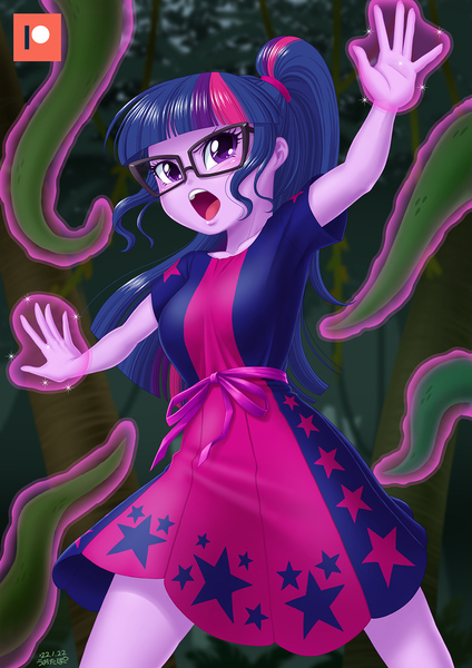 Size: 800x1132 | Tagged: suggestive, artist:uotapo, derpibooru import, sci-twi, twilight sparkle, equestria girls, equestria girls series, spring breakdown, spoiler:eqg series (season 2), clothes, female, glasses, glowing hands, i've seen enough hentai to know where this is going, image, imminent sex, imminent tentacle sex, jpeg, magic, magic aura, offscreen character, open mouth, patreon, patreon logo, signature, solo, stars, telekinesis, tentacles, vine