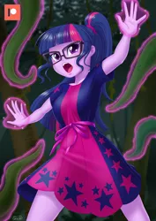 Size: 800x1132 | Tagged: suggestive, artist:uotapo, derpibooru import, sci-twi, twilight sparkle, equestria girls, equestria girls series, spring breakdown, spoiler:eqg series (season 2), clothes, female, glasses, glowing hands, image, imminent sex, imminent tentacle sex, i've seen enough hentai to know where this is going, jpeg, magic, magic aura, offscreen character, open mouth, patreon, patreon logo, signature, solo, stars, telekinesis, tentacles, vine