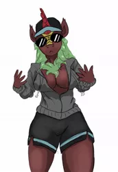 Size: 797x1158 | Tagged: suggestive, artist:ryanmandraws, derpibooru import, cinder glow, summer flare, anthro, kirin, aviator glasses, breasts, cleavage, clothes, hat, hoodie, image, jpeg, looking at you, pose, shorts, sunglasses, thug
