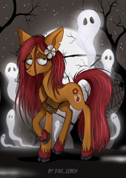 Size: 1526x2160 | Tagged: safe, artist:das_leben, derpibooru import, oc, unofficial characters only, earth pony, ghost, undead, fanfic:song of seven, bag, colored fetlocks, commission, earth pony oc, flower, flower in hair, forest, gothic, image, messy mane, night, png, red mane, satchel, simple background, solo, stars, torn ear, tree, unshorn fetlocks