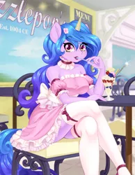 Size: 1865x2400 | Tagged: safe, artist:dstears, derpibooru import, izzy moonbow, anthro, unicorn, blueberry, breasts, clothes, eating, flower, flower in hair, food, fruit, g5, ice cream, image, jpeg, lipstick, looking at you, milkshake, sitting, socks, stockings, strawberry, thigh highs