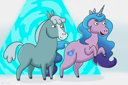 Size: 1280x854 | Tagged: safe, artist:catscratchpaper, derpibooru import, izzy moonbow, pony, unicorn, centaurworld, crossover, duo, duo female, female, g5, horse (centaurworld), image, jpeg, kimiko glenn, mare, netflix, open mouth, parody, rift, style emulation, two beach balls had a weird kid, voice actor joke