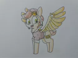 Size: 4128x3096 | Tagged: safe, artist:cherro, derpibooru import, oc, oc:copper wings, unofficial characters only, pony, artificial wings, augmented, clothes, female, image, jpeg, open mouth, open smile, simple background, smiling, solo, standing, steampunk, traditional art, white background, wings