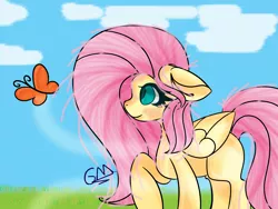Size: 4000x3000 | Tagged: safe, artist:greenmarta, artist:macaroonburst, derpibooru import, fluttershy, butterfly, insect, pegasus, pony, collaboration, female, image, png, solo