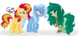 Size: 1256x588 | Tagged: safe, artist:greenmarta, artist:meimisuki, derpibooru import, sunset shimmer, trixie, wallflower blush, earth pony, pony, unicorn, base used, female, image, png, simple background, transparent background, trio