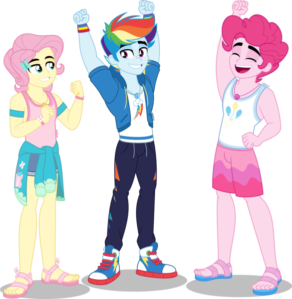 Size: 3901x4000 | Tagged: safe, artist:orin331, derpibooru import, fluttershy, pinkie pie, rainbow dash, equestria girls, equestria girls series, rollercoaster of friendship, armband, bubble berry, butterscotch, clothes, equestria guys, excited, eyes closed, geode of fauna, geode of sugar bombs, geode of super speed, grin, hairclip, image, jacket, magical geodes, open mouth, pants, png, rainbow blitz, rule 63, sandals, scene interpretation, shirt, shoes, shorts, simple background, smiling, sneakers, t-shirt, transparent background, trio, wristband