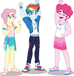 Size: 3901x4000 | Tagged: safe, artist:orin331, derpibooru import, fluttershy, pinkie pie, rainbow dash, equestria girls, equestria girls series, rollercoaster of friendship, armband, bubble berry, butterscotch, clothes, equestria guys, excited, eyes closed, geode of fauna, geode of sugar bombs, geode of super speed, grin, hairclip, image, jacket, magical geodes, open mouth, pants, png, rainbow blitz, rule 63, sandals, scene interpretation, shirt, shoes, shorts, simple background, smiling, sneakers, t-shirt, transparent background, trio, wristband