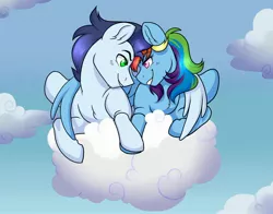 Size: 2560x2011 | Tagged: safe, artist:twisted-sketch, derpibooru import, rainbow dash, soarin', cloud, embrace, female, hoof hold, hug, image, jpeg, looking at each other, looking at someone, male, shipping, soarindash, straight, winghug, wings