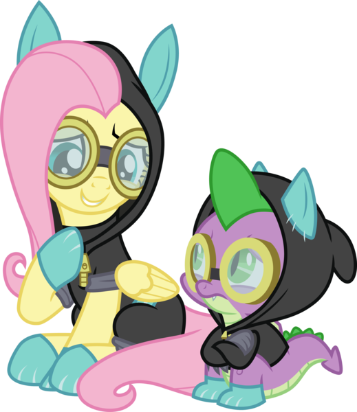 Size: 3000x3465 | Tagged: safe, artist:cloudyglow, derpibooru import, fluttershy, spike, sparkle's seven, clothes, costume, dangerous mission outfit, goggles, hoodie, image, png, simple background, transparent background, vector