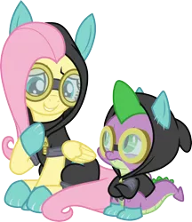 Size: 3000x3465 | Tagged: safe, artist:cloudyglow, derpibooru import, fluttershy, spike, sparkle's seven, clothes, costume, dangerous mission outfit, goggles, hoodie, image, png, simple background, transparent background, vector
